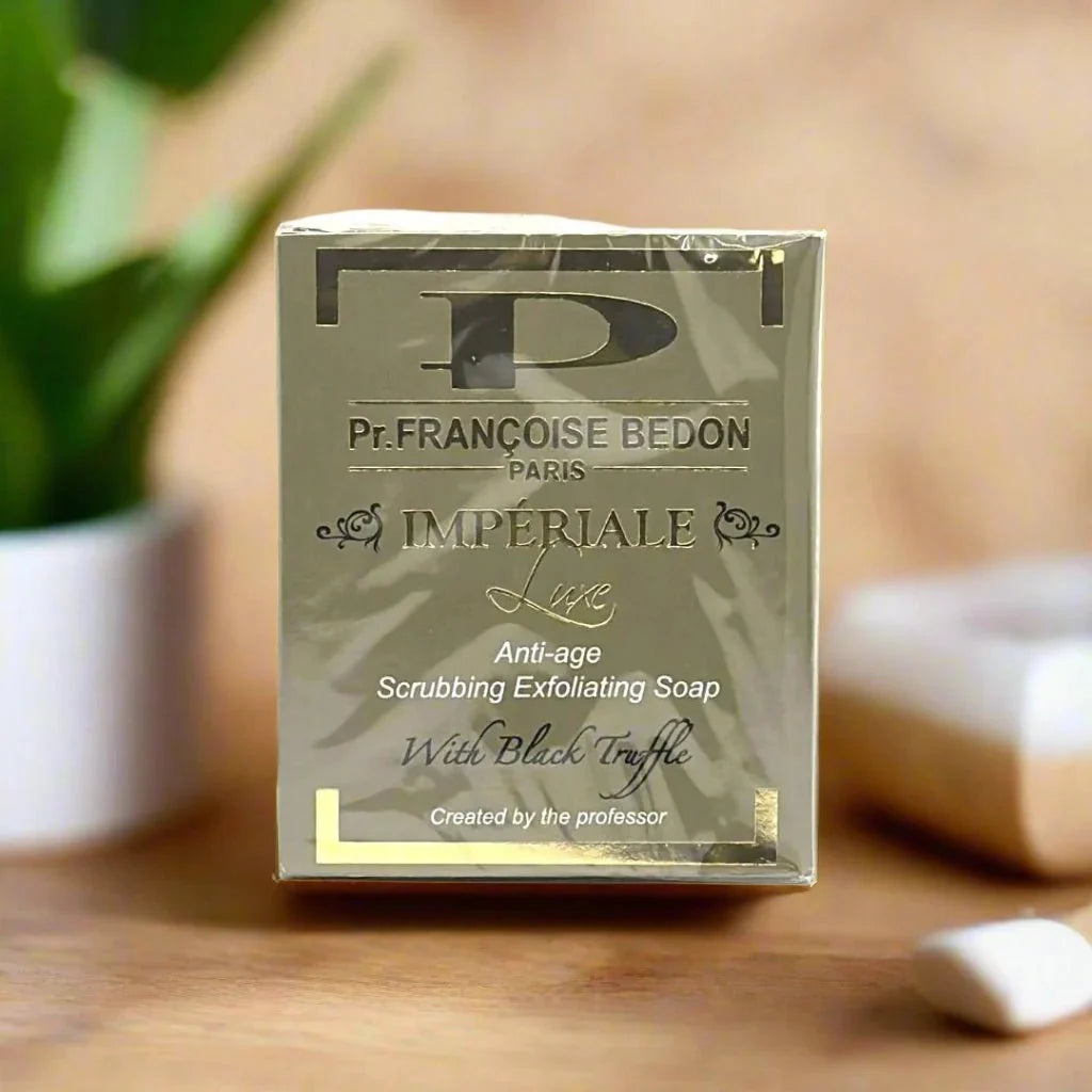 Pr. Francoise Bedon Scrubbing Soap 7 oz with natural ingredients, showing the soap bar and packaging on a white background.