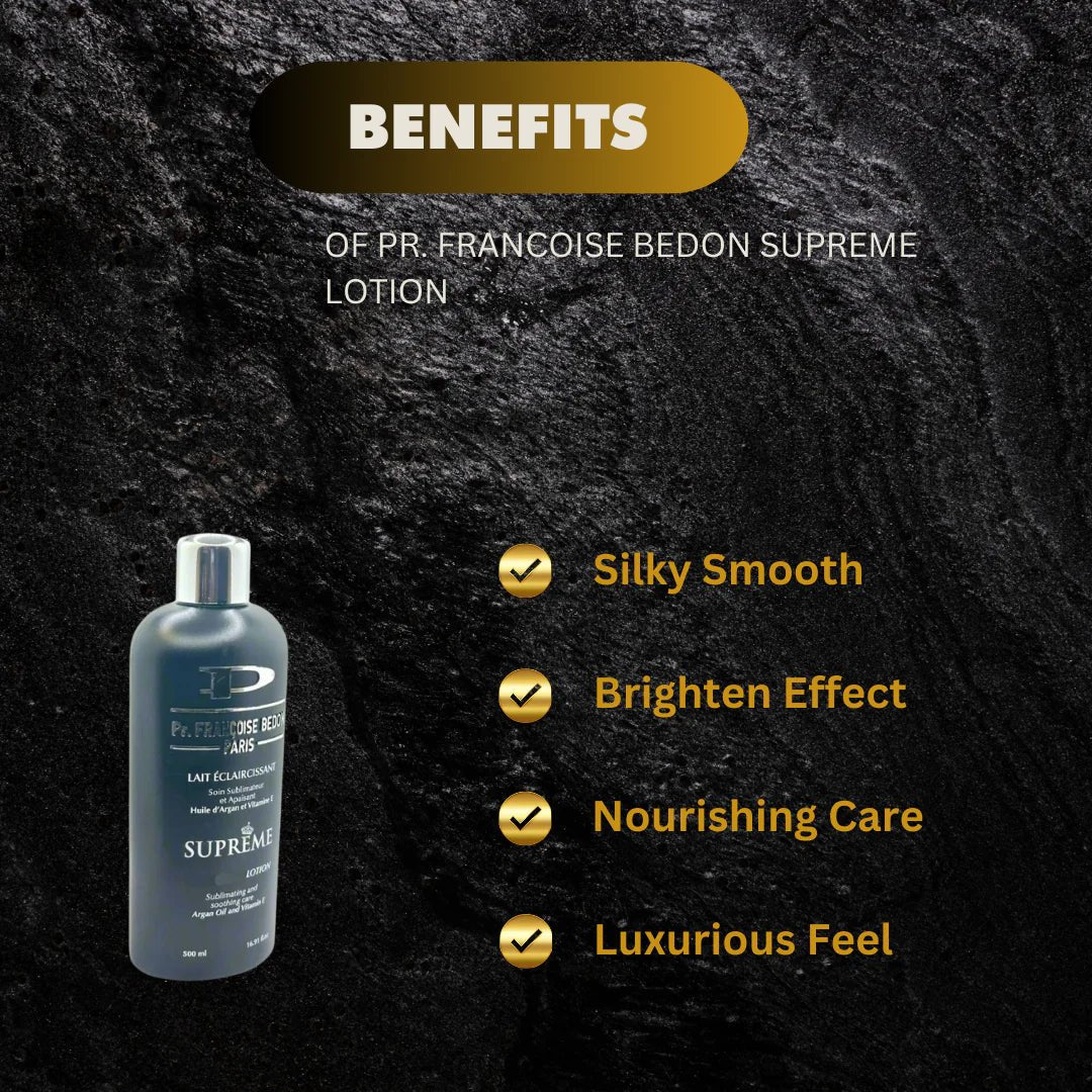 Pr. Francoise Bedon Supreme Body Lotion bottle showing white and gold packaging with product label, 16.8 fl oz (500ml).