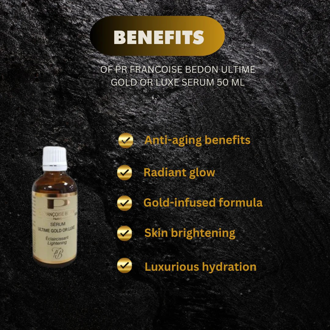 Pr. Francoise Bedon Ultime Gold Luxe Serum 50ml in a clear glass bottle with a gold cap and dropper for skincare application.