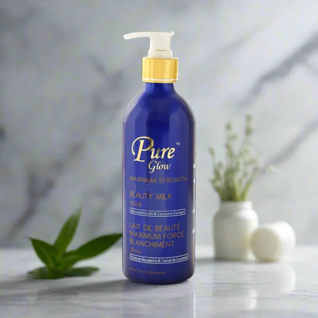 Pure Glow Maximum Strength Beauty Milk in a 16.8 oz bottle, featuring smooth, nourishing skincare formula with a sleek packaging design.
