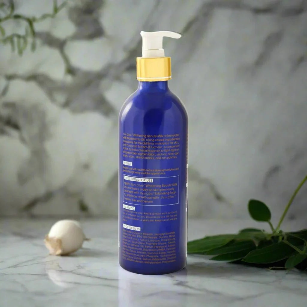 Pure Glow Maximum Strength Beauty Milk in a 16.8 oz bottle, featuring a sleek white and gold packaging.