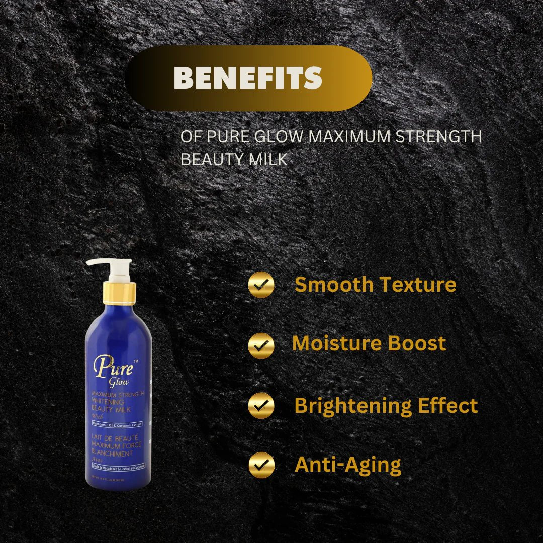 Pure Glow Maximum Strength Beauty Milk in a 16.8 oz bottle, featuring a sleek design and clear label, for nourishing skin.