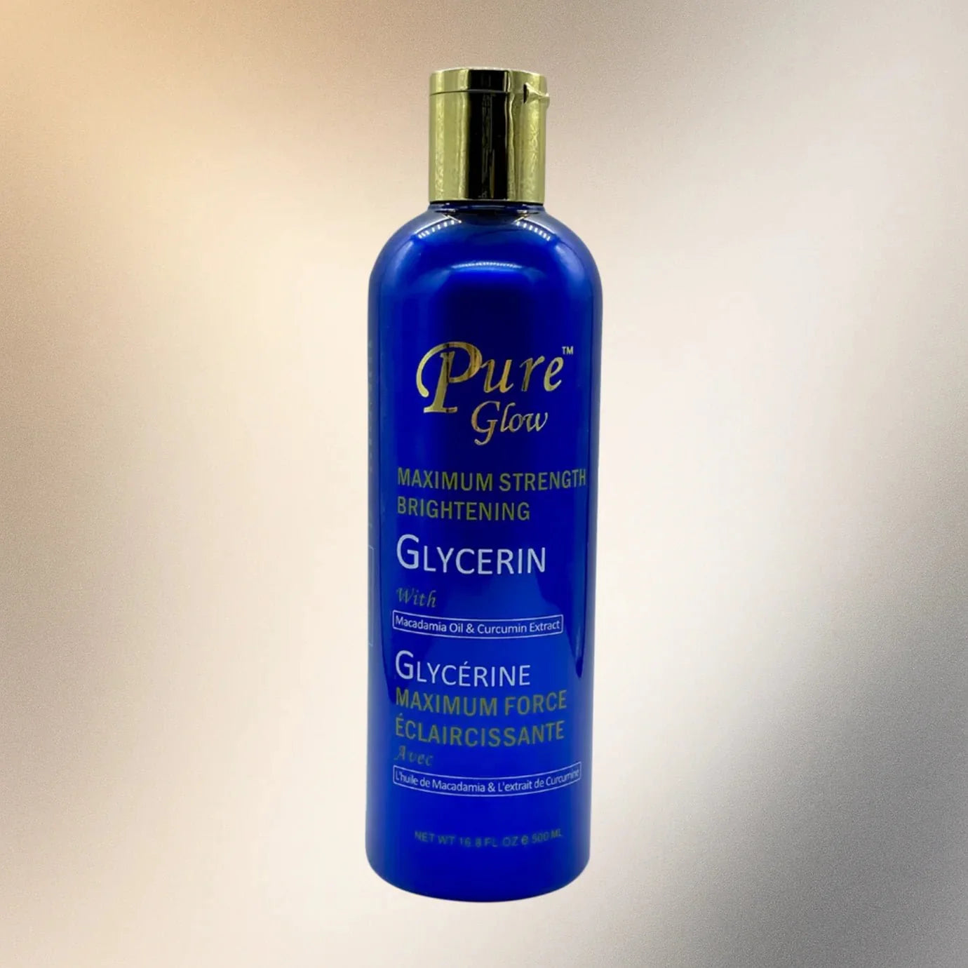 Pure Glow Maximum Strength Glycerin 500ml bottle showing clear, colorless liquid in a transparent container.
