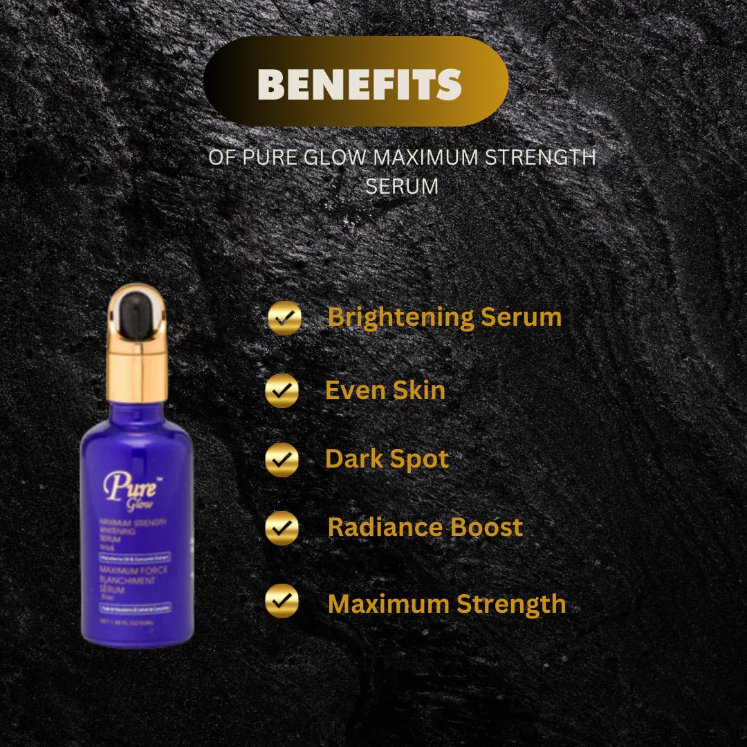 Pure Glow Maximum Strength Serum 1.66 oz bottle, clear liquid skincare product for brightening and skin rejuvenation.