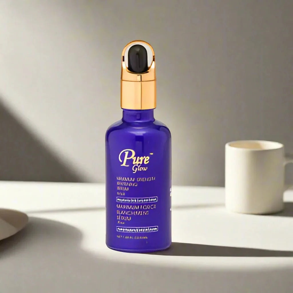 Pure Glow Maximum Strength Serum in a 1.66 oz bottle with a sleek, white pump dispenser and clear label for skincare.