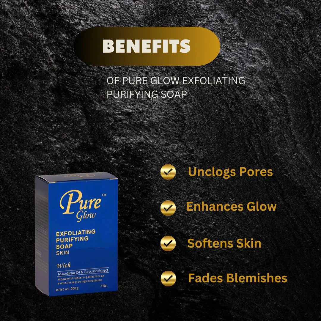 Pure Glow Purifying Soap 7 oz bar showing its smooth, white surface with the Pure Glow packaging in the background.