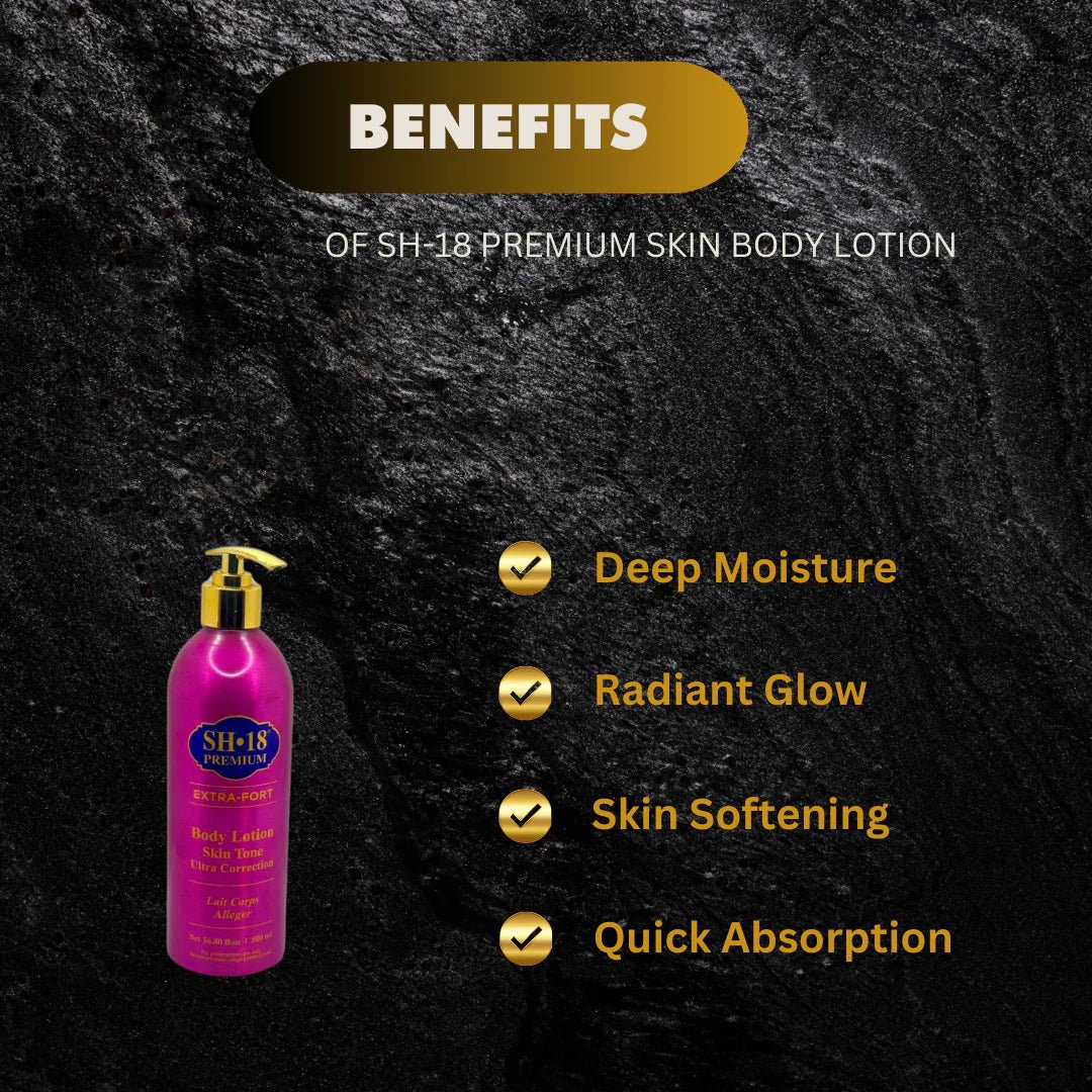 SH-18 Premium Skin Body Lotion 500ml bottle, featuring smooth, hydrating lotion with a sleek design and clear labeling.