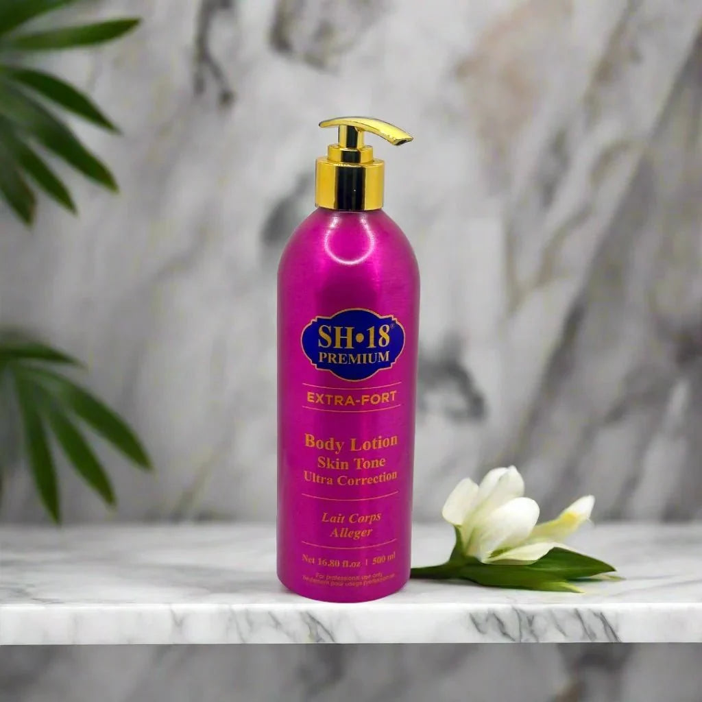 SH-18 Premium Skin Body Lotion 500ml bottle with smooth, moisturizing formula and elegant packaging displayed in the image.