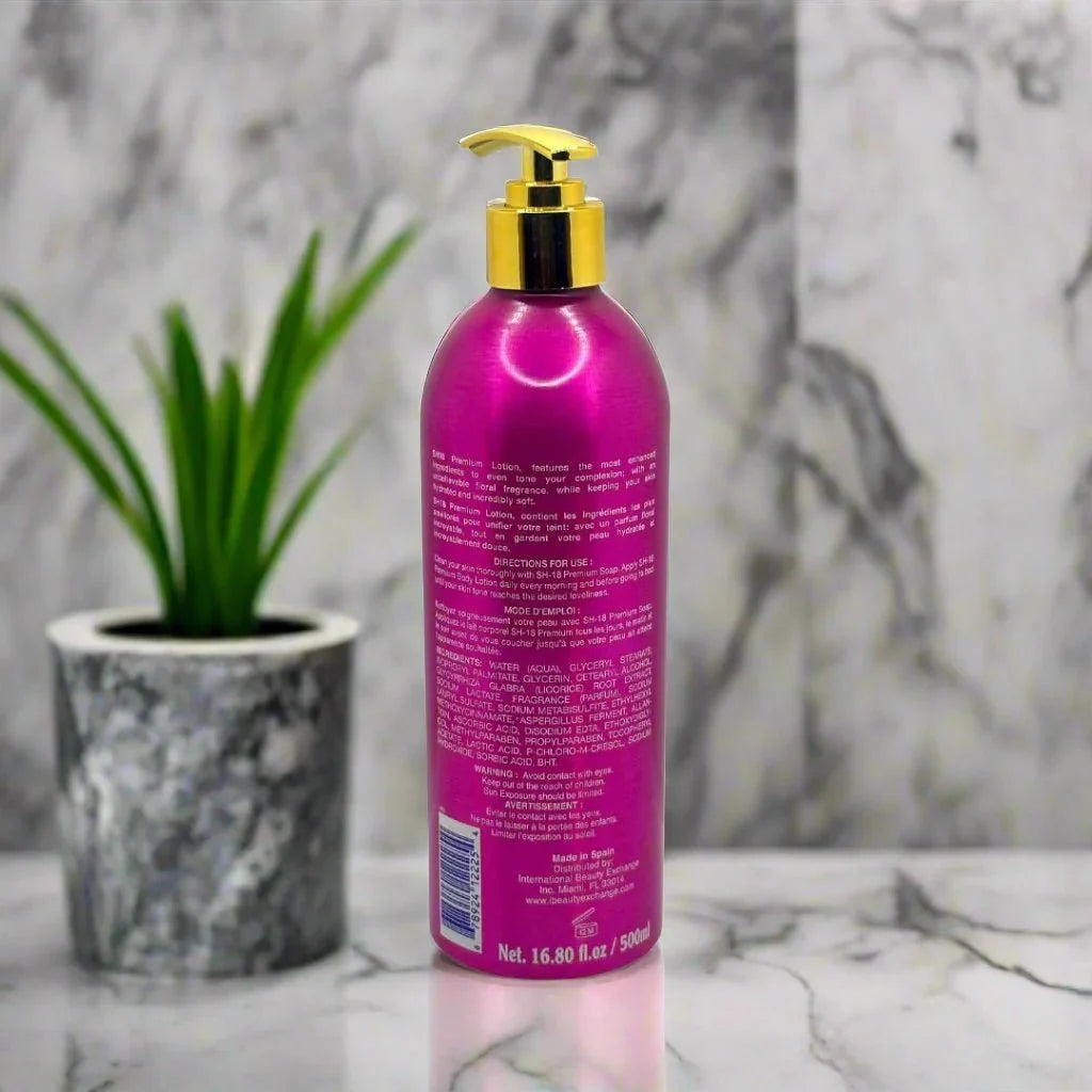SH-18 Premium Skin Body Lotion 500ml bottle with smooth, creamy lotion visible in the opening, designed for nourishing skin.
