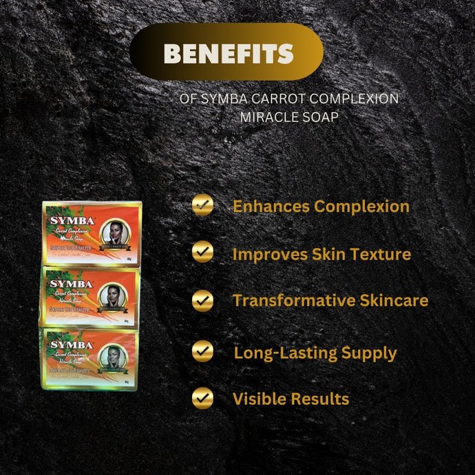 Six Symba Carrot Complexion Soaps, 80g each, arranged in a pack, featuring vibrant orange soap bars with branding and packaging.