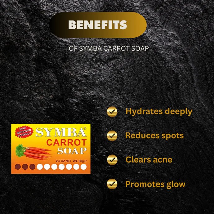 Symba Carrot Soap 2.8 oz, creamy soap bar with carrot extract, shown with natural ingredients on packaging.