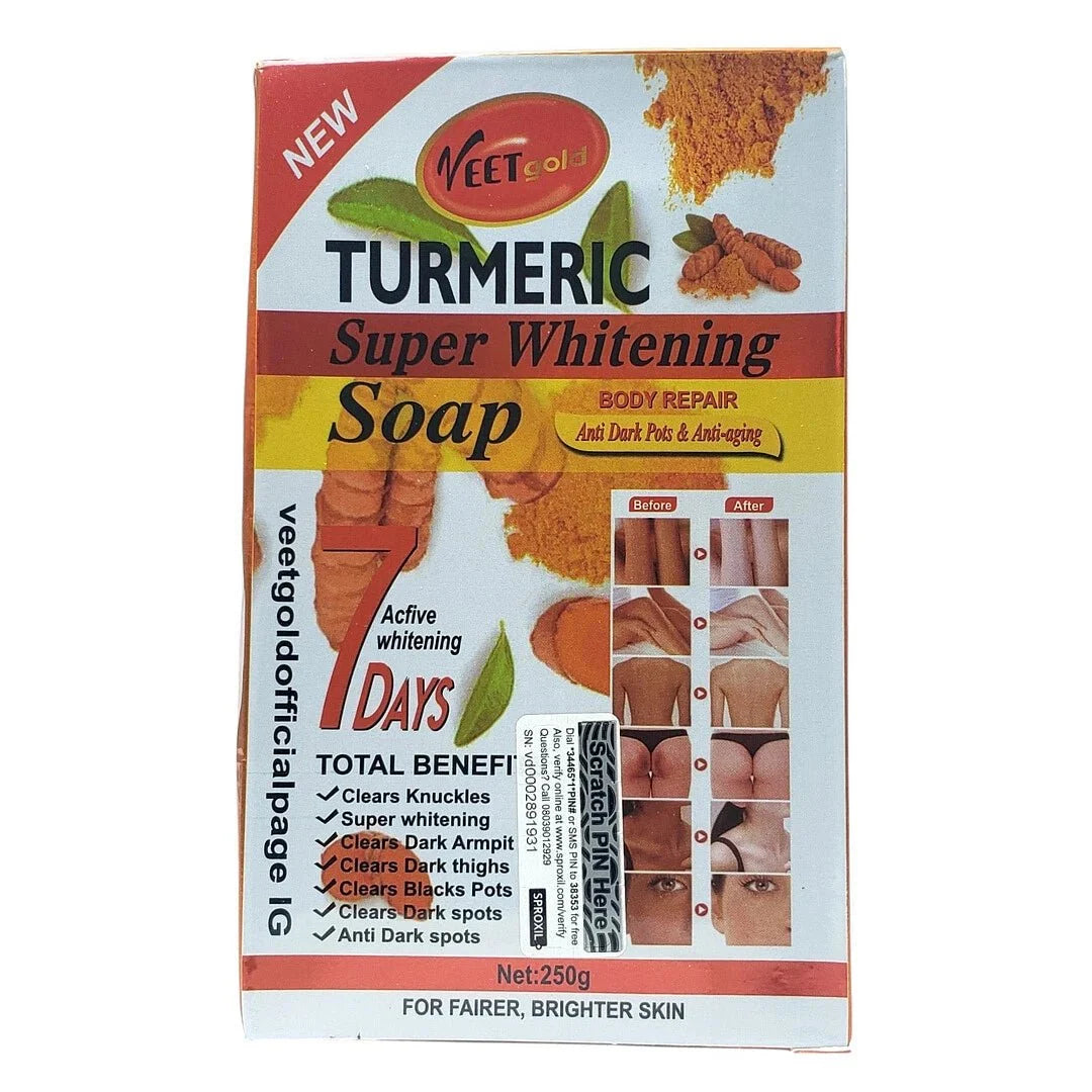 Veet Gold Turmeric Beauty Soap 250g bar with natural turmeric ingredients and herbal formula for radiant skin.