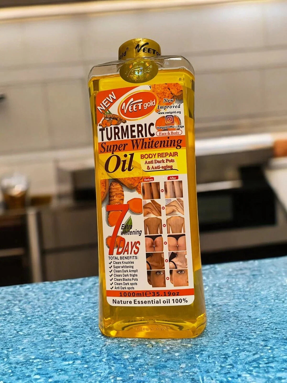 Veet Gold Turmeric Body Oil in a 1000 ML bottle, showing the golden-yellow oil and turmeric-infused formula for nourishing skin.