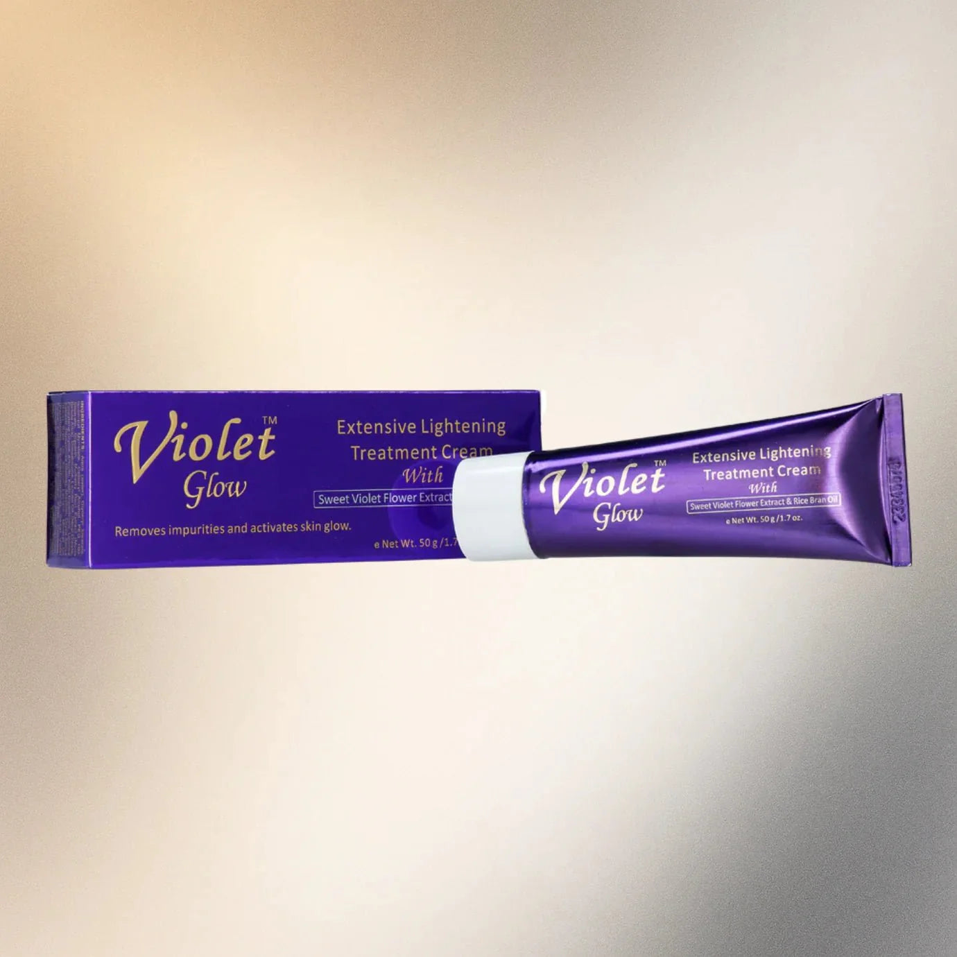 Violet Glow Extensive Cream with sweet violet extract and rice bran oil, 1.7 oz jar showing the cream's smooth texture.