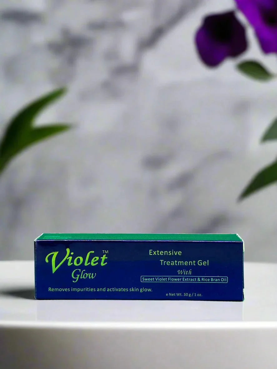 Violet Glow Extensive Gel with Sweet Violet Extract in a 1 oz jar, showcasing the gel's smooth, violet-colored texture.