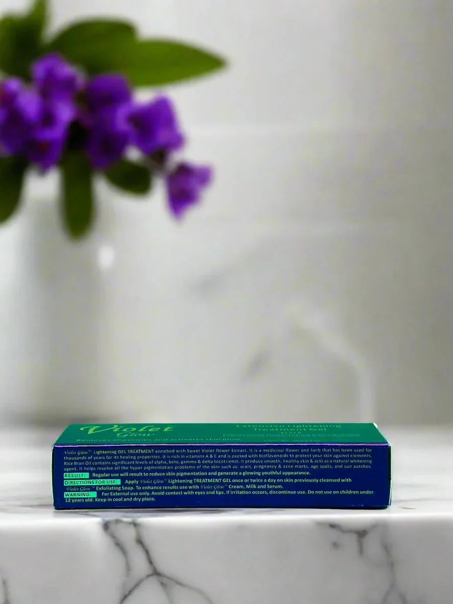 Violet Glow Extensive Gel with sweet violet extract in a 1 oz tube, showcasing the purple gel product with violet flowers.