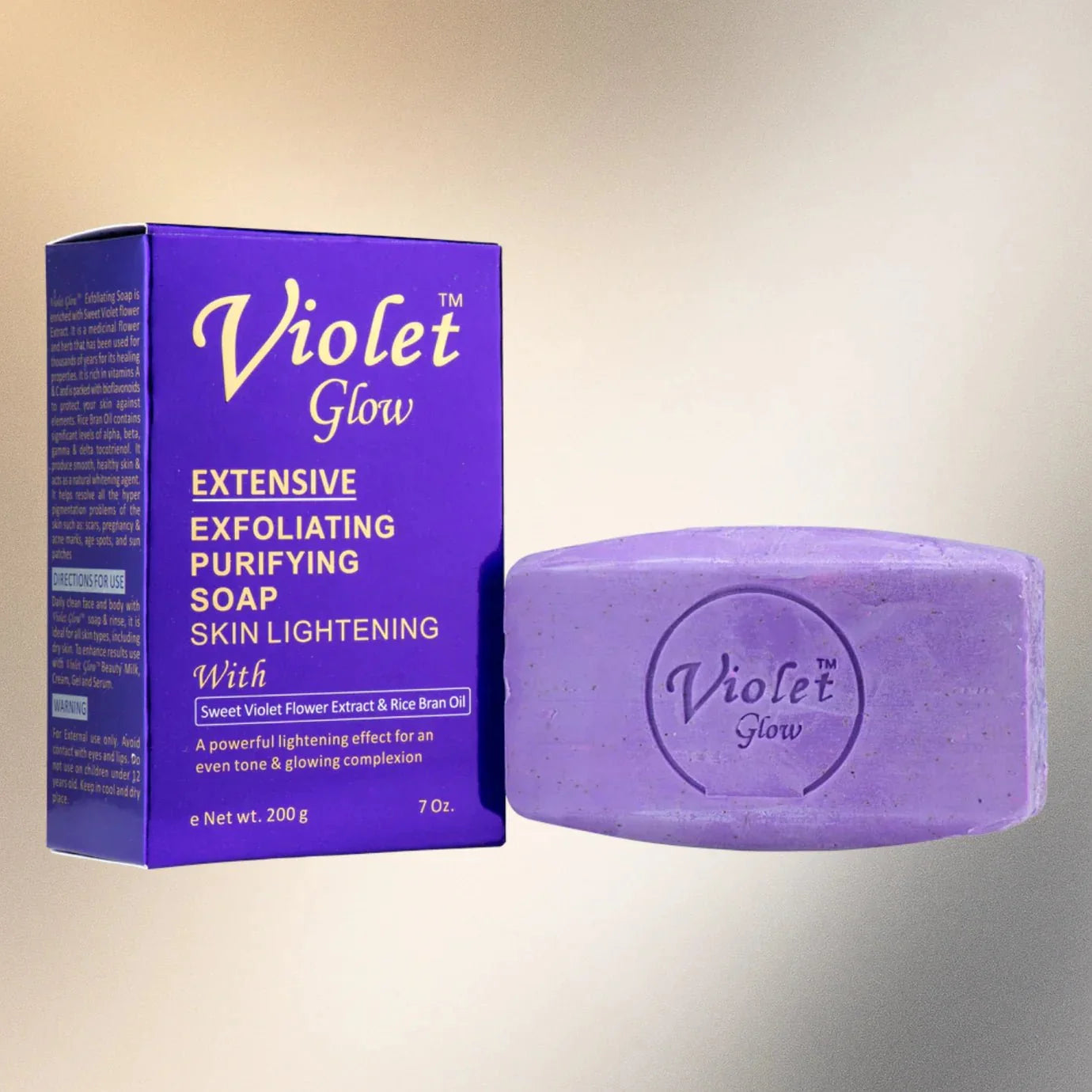 Violet Glow Purifying Soap with Sweet Violet Extract, 7 oz, featuring a violet-colored bar and packaging with floral design.
