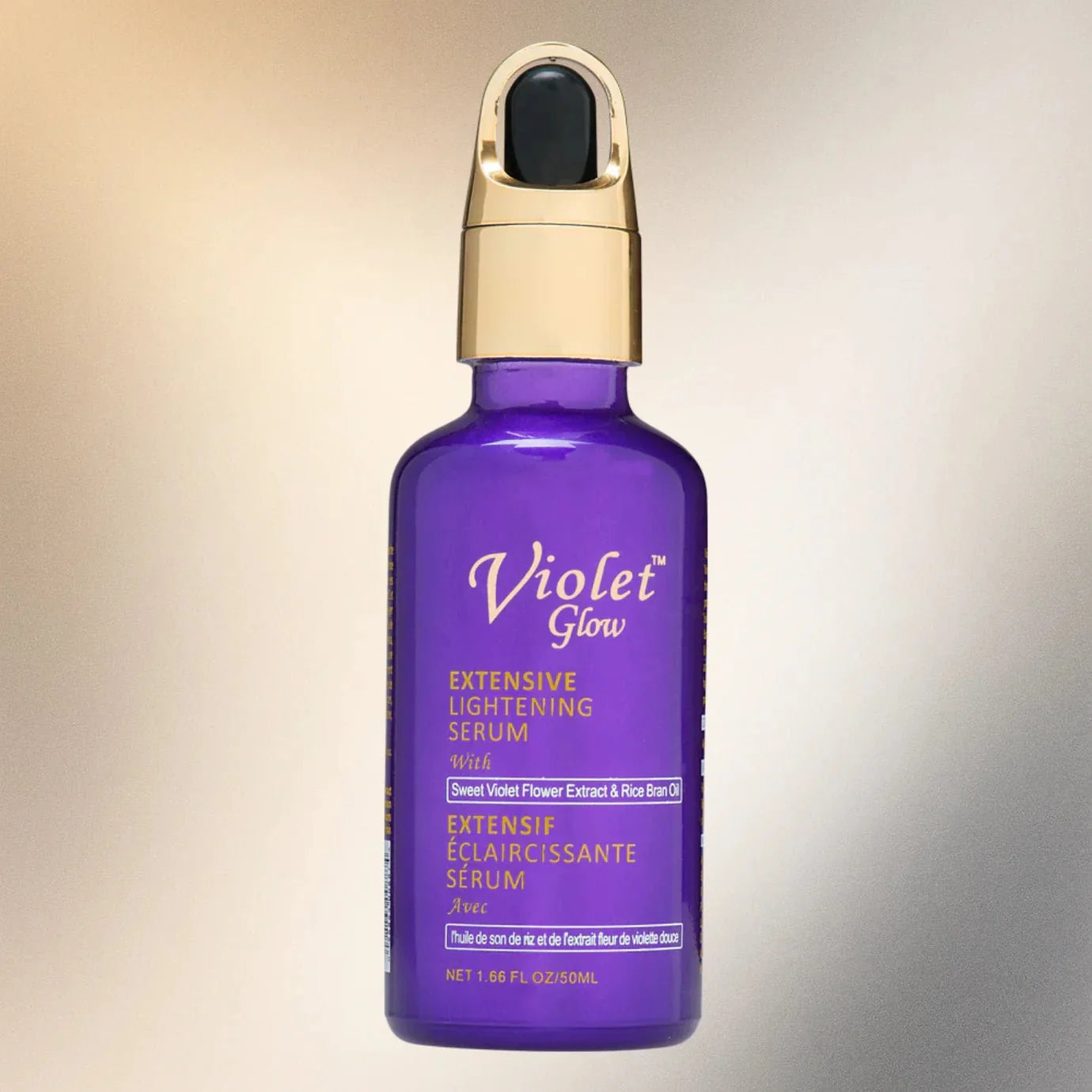 Violet Glow Extensive Serum with Sweet Violet Extract in 1.66 oz bottle, featuring a violet-colored serum in a clear container