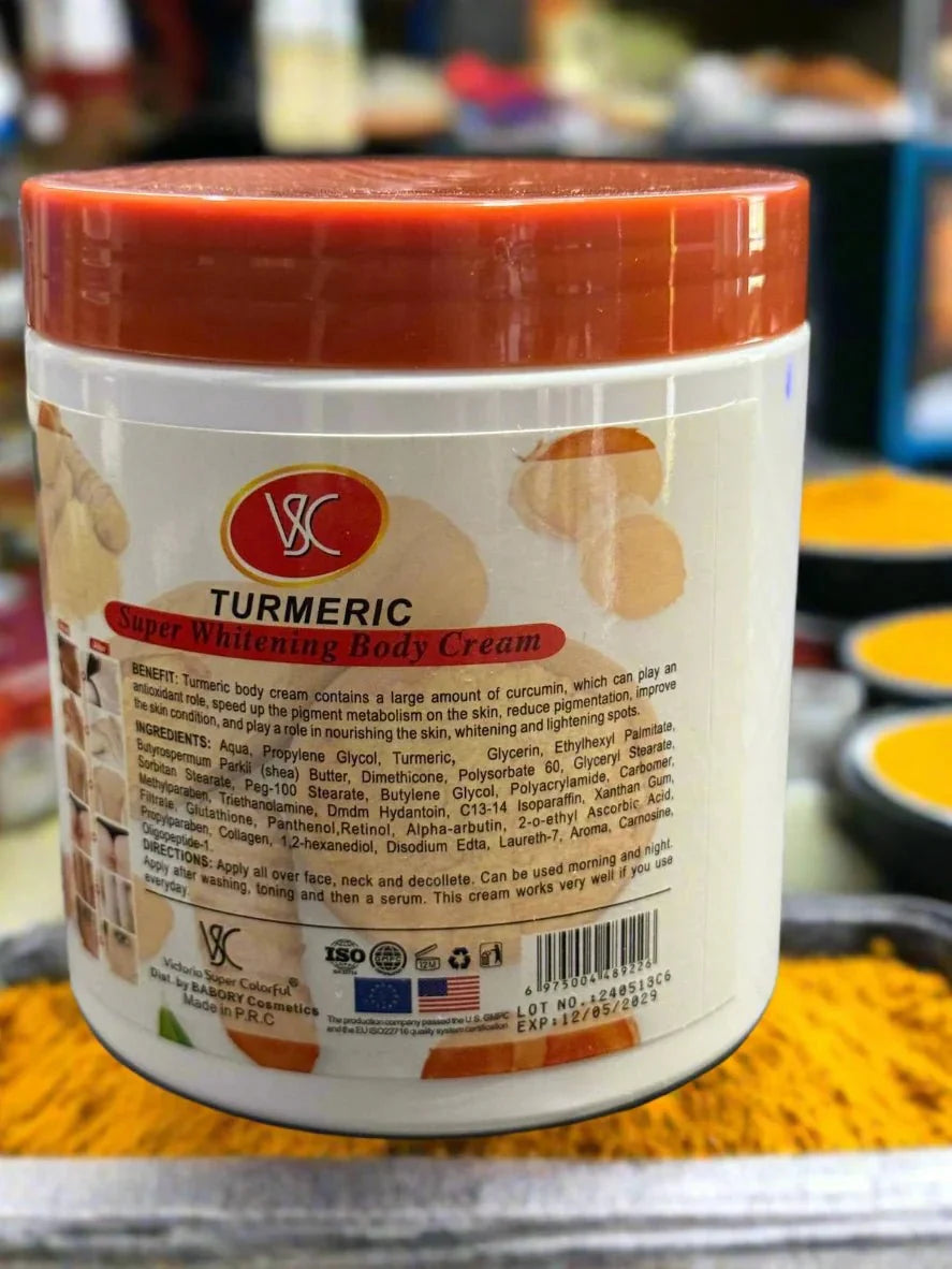 VSC Turmeric Body Cream 500g jar with golden turmeric-infused formula and white lid, designed for nourishing skin.