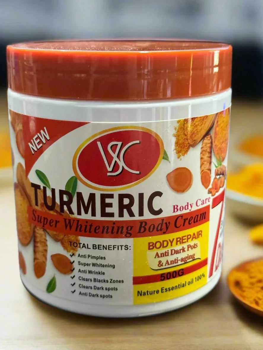 VSC Turmeric Body Cream 500g jar showing the creamy texture and turmeric-infused formula for nourishing skin.