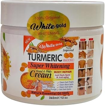 White Gold Turmeric Hand and Body Cream in a 360ml jar, featuring white gold packaging and creamy texture.