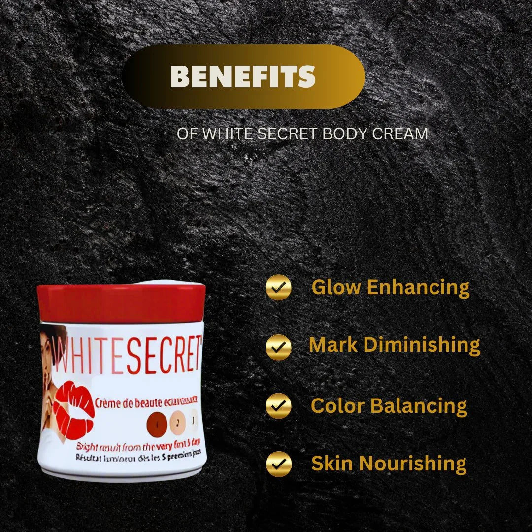 White Secret Body Cream 320ml hydrating and smoothing moisturizer, visible in a white jar with a smooth, creamy texture.
