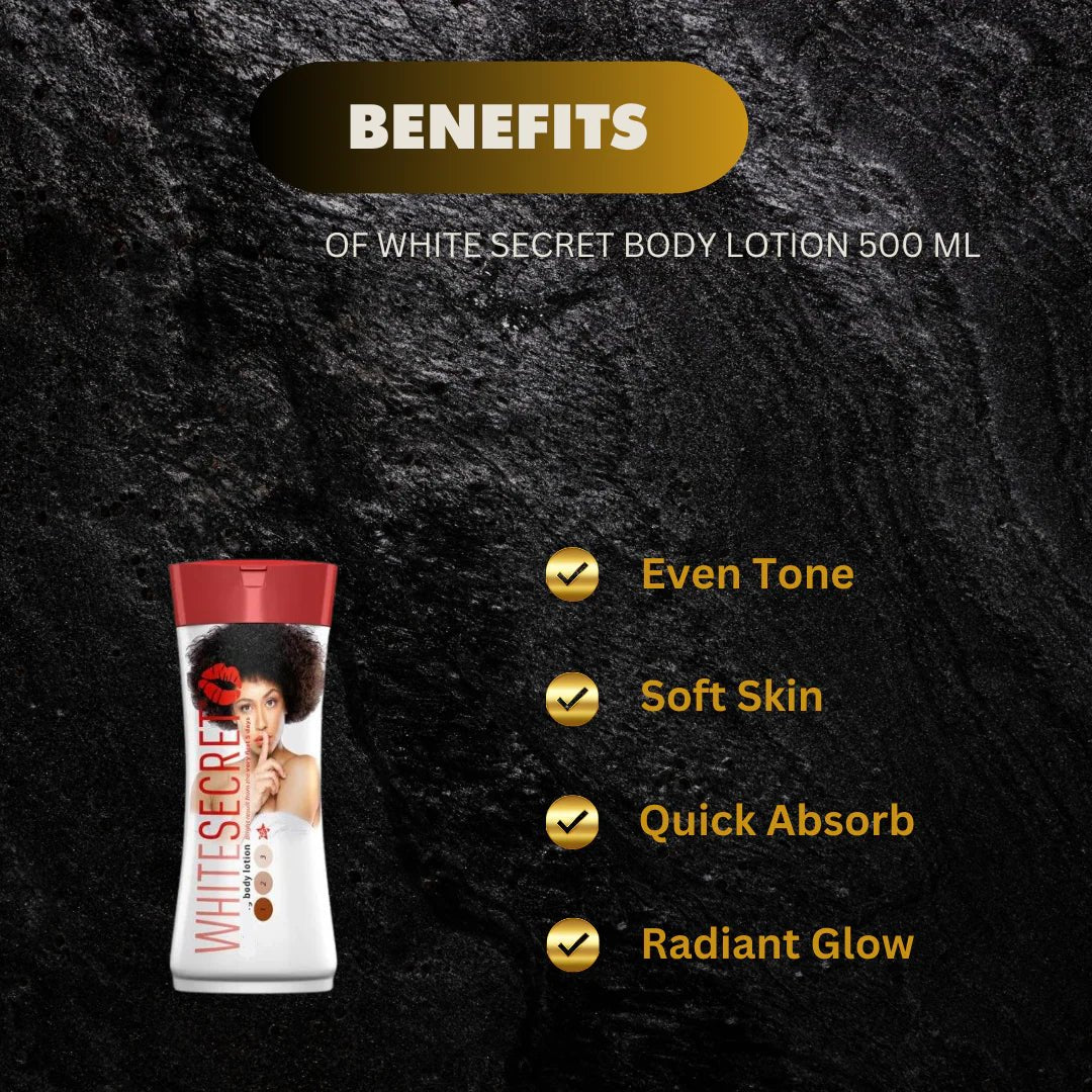 White Secret Body Lotion 500ml bottle, lightweight hydrating moisturizer for smooth, soft skin.
