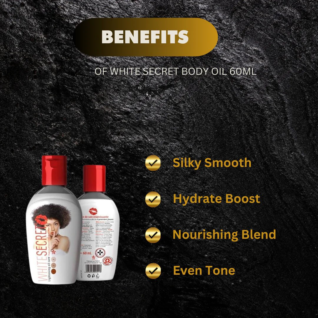 White Secret White Secret Body Oil 60ml bottle showcasing lightweight, nourishing oil for smooth, hydrated skin.