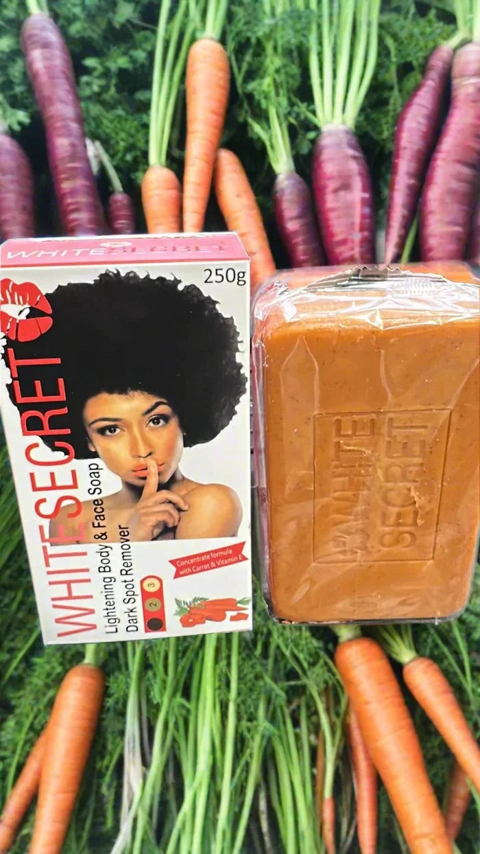 White Secret Carrot Body and Face Soap 250g bar with natural ingredients, showcasing a white soap bar with carrot extract.