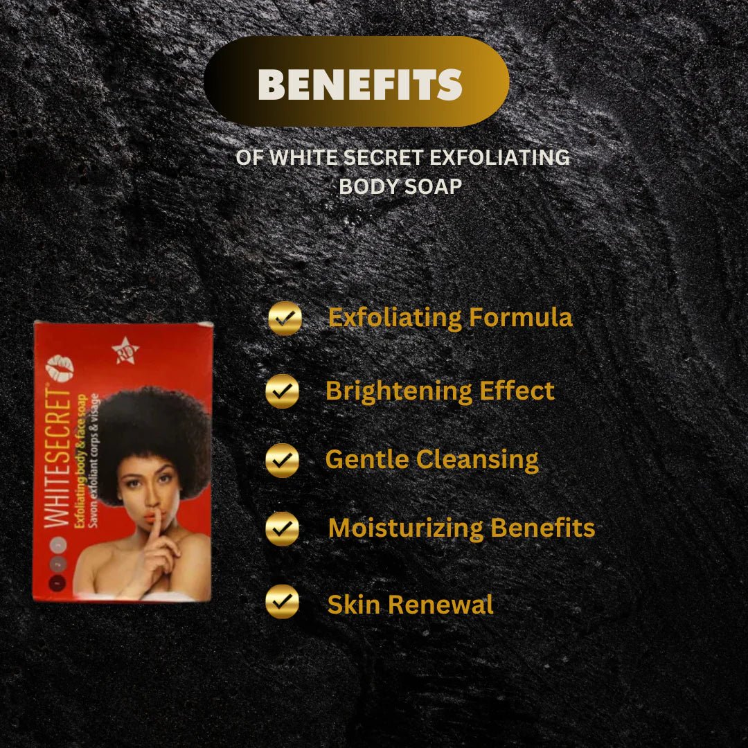 White Secret exfoliating body and face soap bar, 190g, with smoothing cleansing ingredients, designed for gentle skin exfoliation.