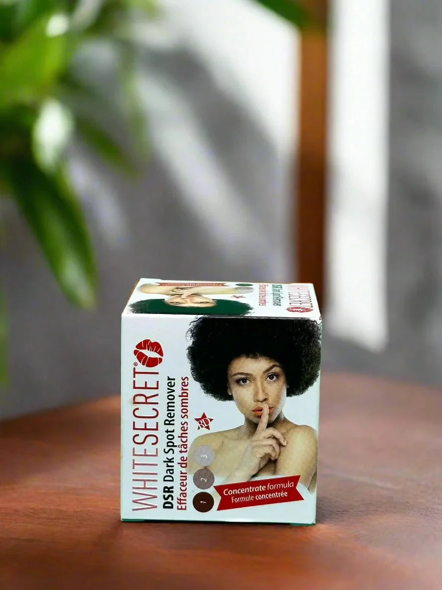 White Secret face cream 30ml jar showing smooth, even-looking skin with the product label visible, emphasizing its skin-enhancing qualities.