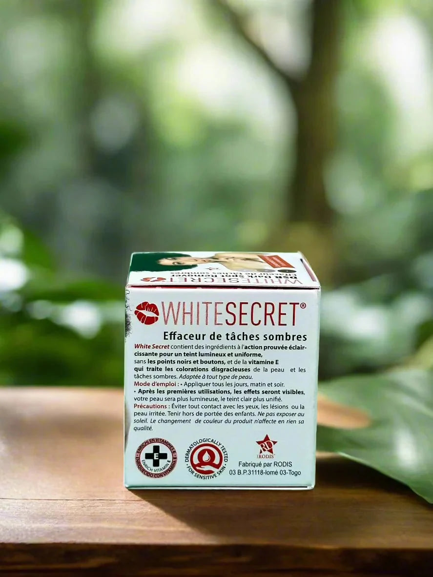 White Secret Face Cream 30ml jar showing smooth, even-looking skin with a white cream inside for skincare and hydration.
