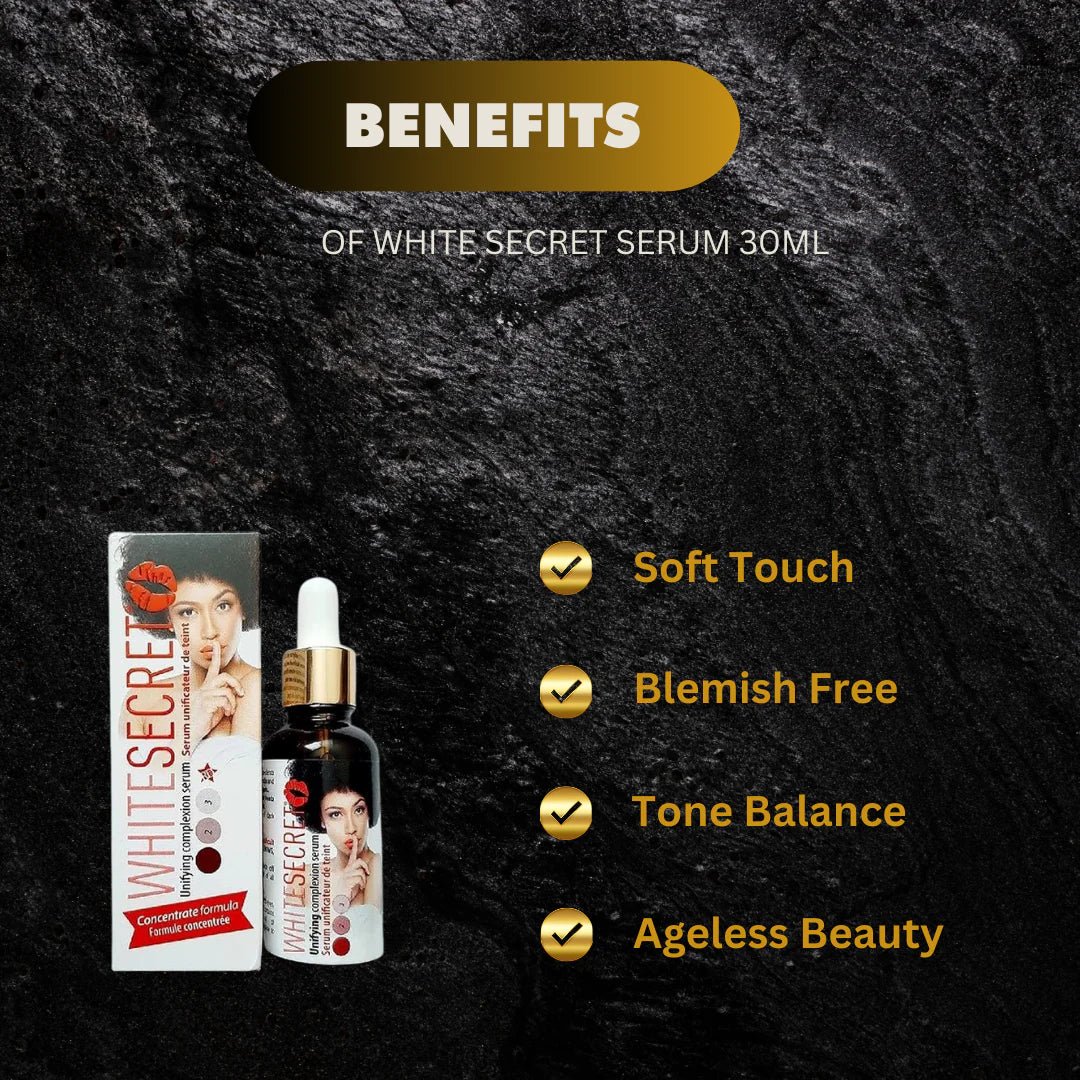 White Secret White Secret Serum 30ml, lightweight smoothing serum in a clear bottle with a white cap.